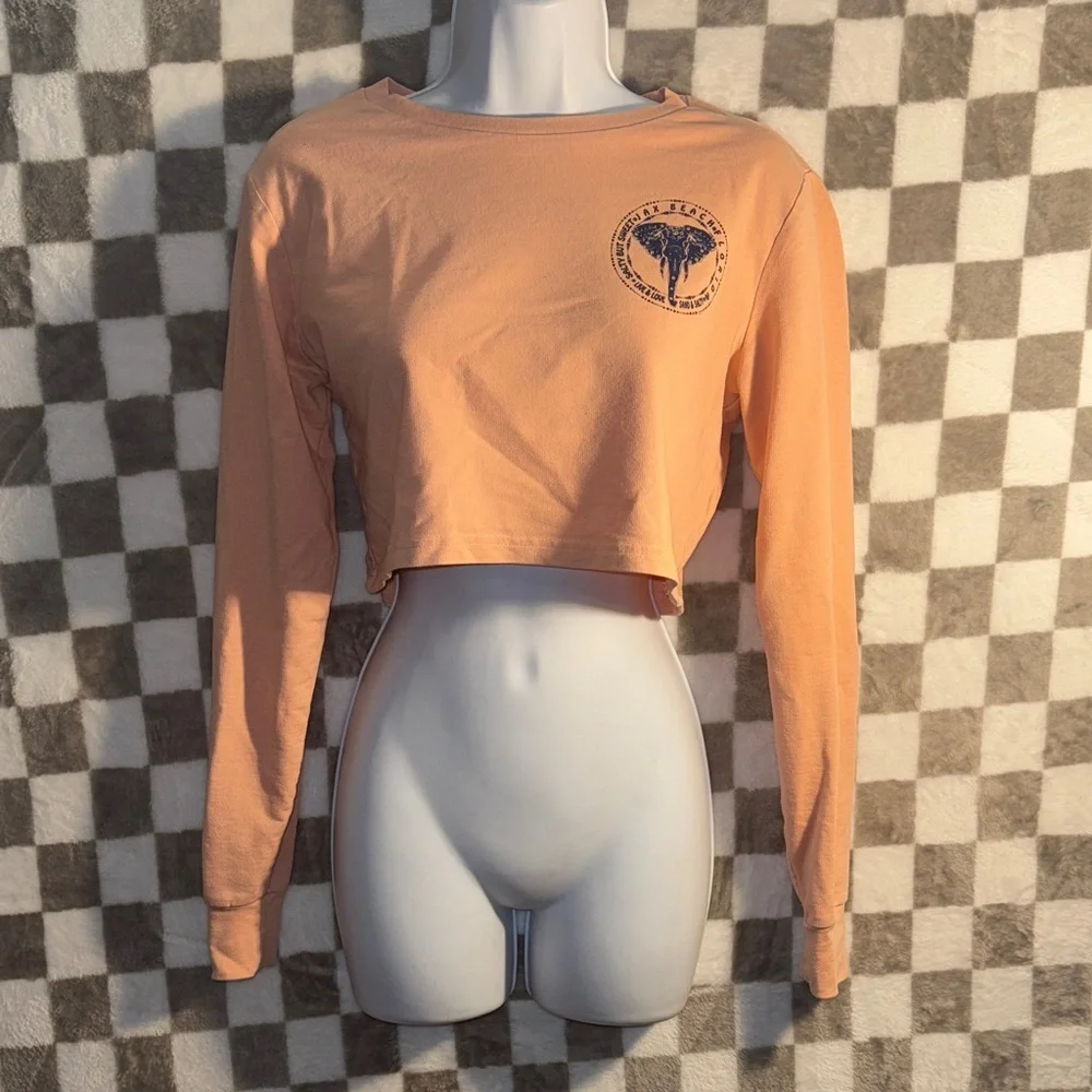 Miami Style Jax Beach Florida Logo Pink High Long Sleeve Crop Top Size S/Small